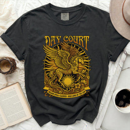 Dark t-shirt with "DAY COURT" and Pegasus design, "HELION SPELL-CLEAVER" text.