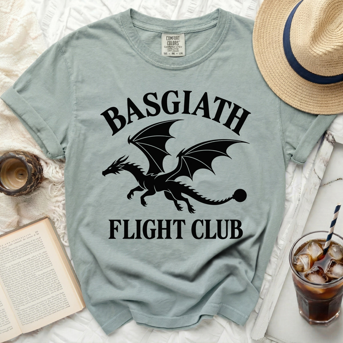 Sage t-shirt with black dragon graphic and text "BASGIATH FLIGHT CLUB".