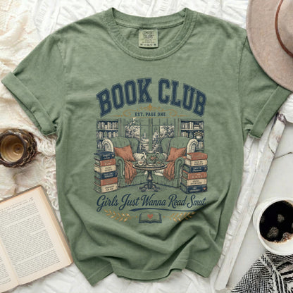 Green t-shirt with "Book Club" and romance novel titles, "Girls Just Wanna Read Smut"