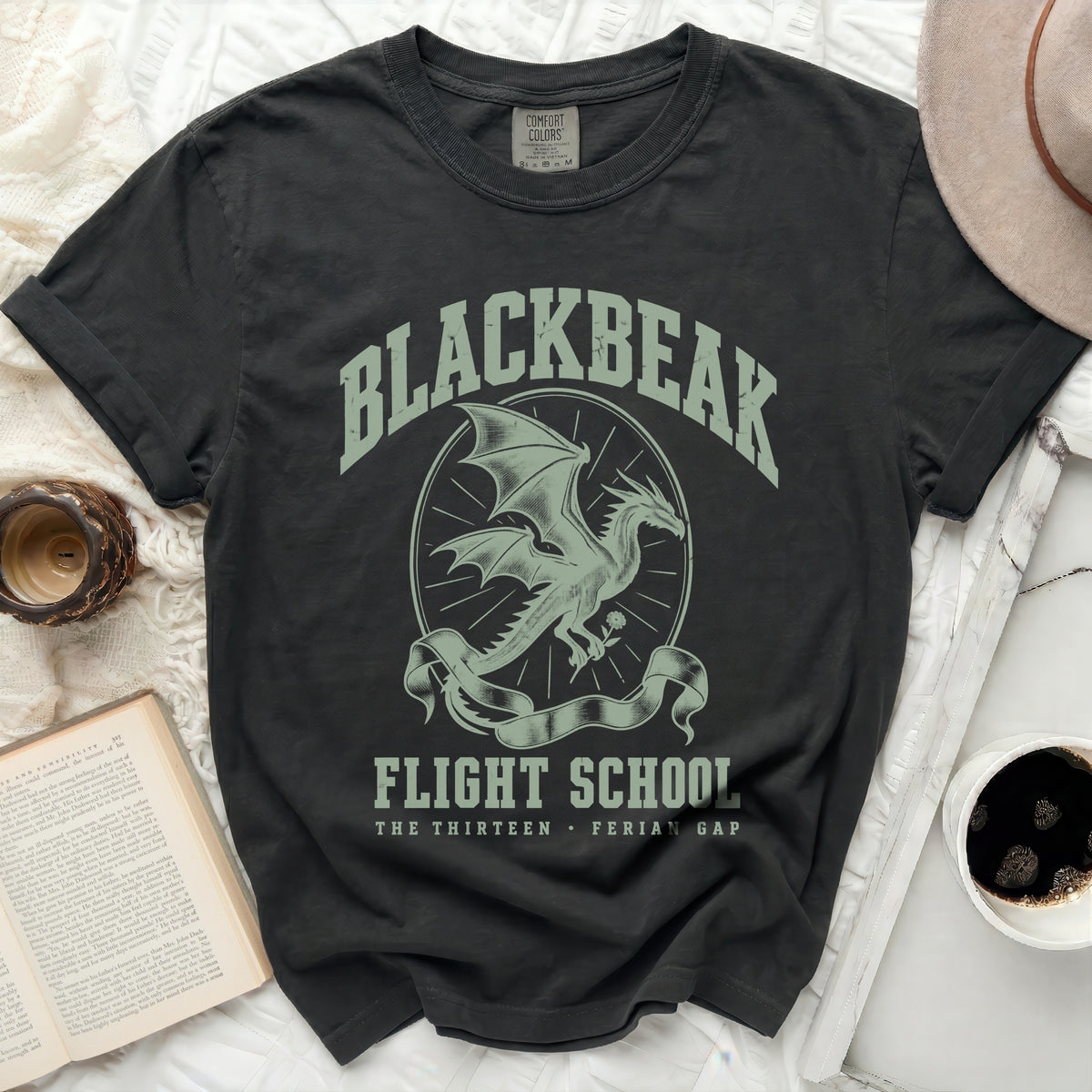 Charcoal crewneck t-shirt featuring a green vintage-style dragon graphic and the text Blackbeak Flight School.
