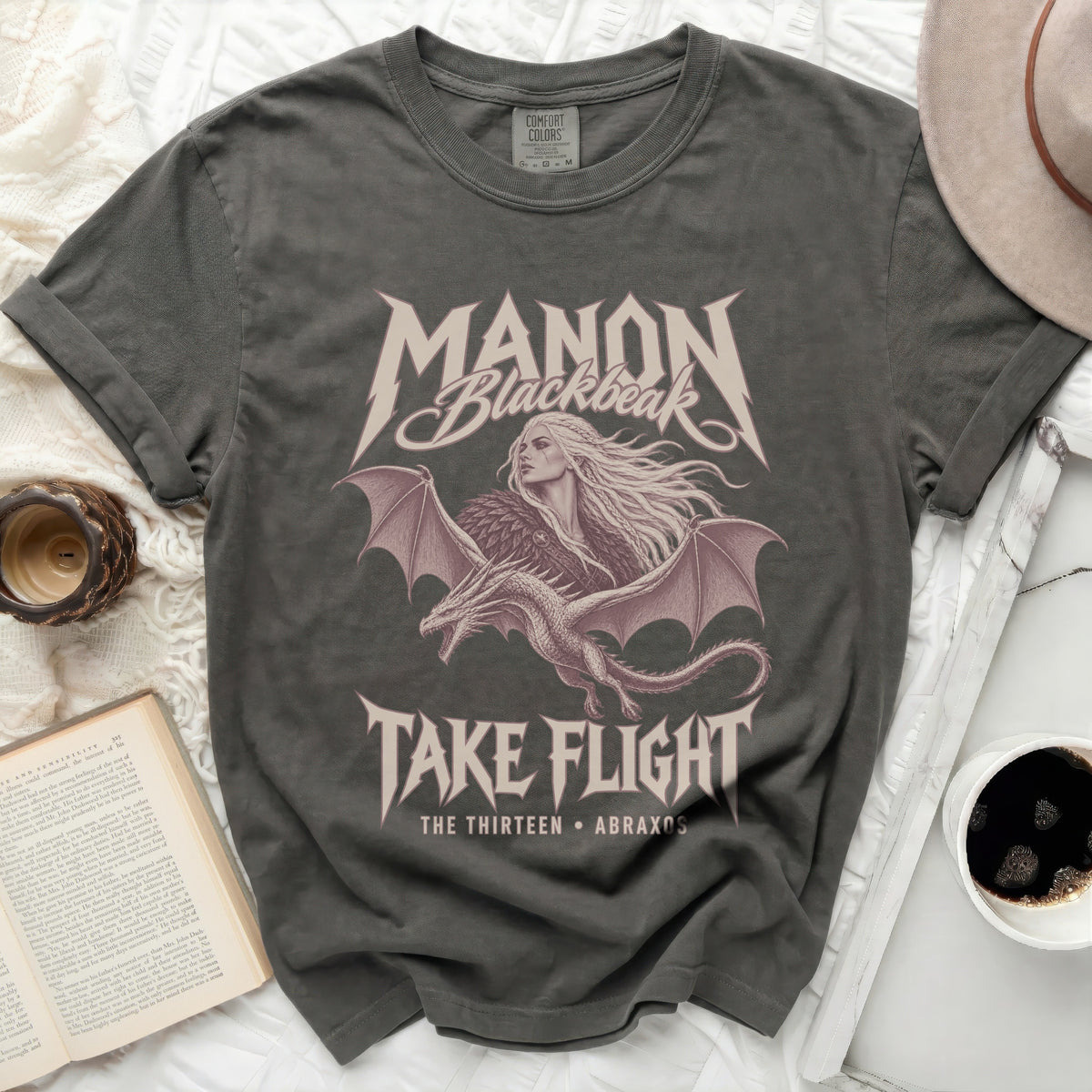 Manon Blackbeak and dragon graphic tee reading "Take Flight The Thirteen Abraxos".