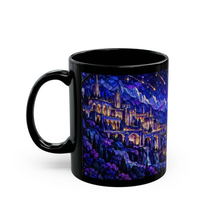 A black ceramic mug featuring a printed image of a glowing castle in a mountainous night landscape.