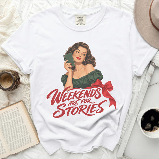 White t-shirt with vintage illustration and "Weekends are for Stories" text.