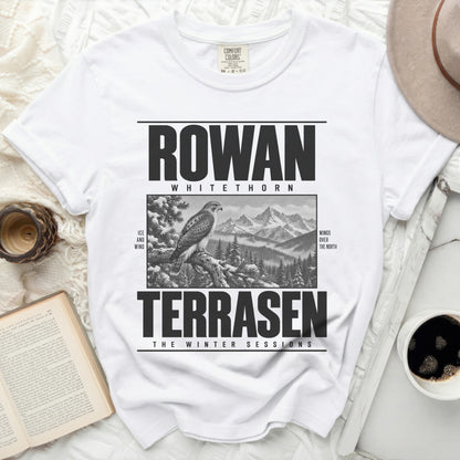 White t-shirt with black text "ROWAN WHITETHORN TERRASEN THE WINTER SESSIONS".