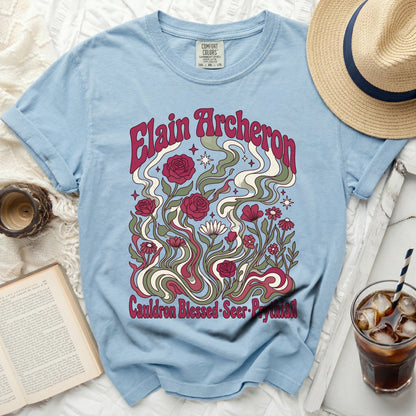 Light blue t-shirt with Elain Archeron design, roses, and text.