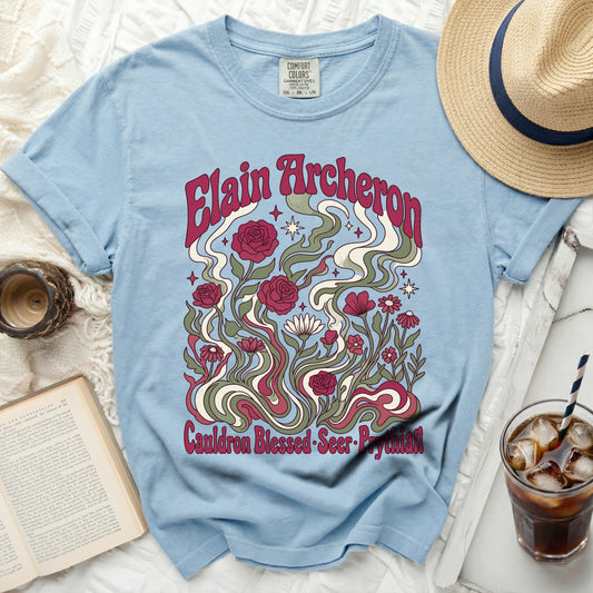 Light blue t-shirt with Elain Archeron design, roses, and text.