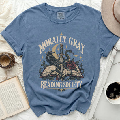 T-shirt with "Morally Gray Reading Society" text and raven, sword, snake, rose illustration.