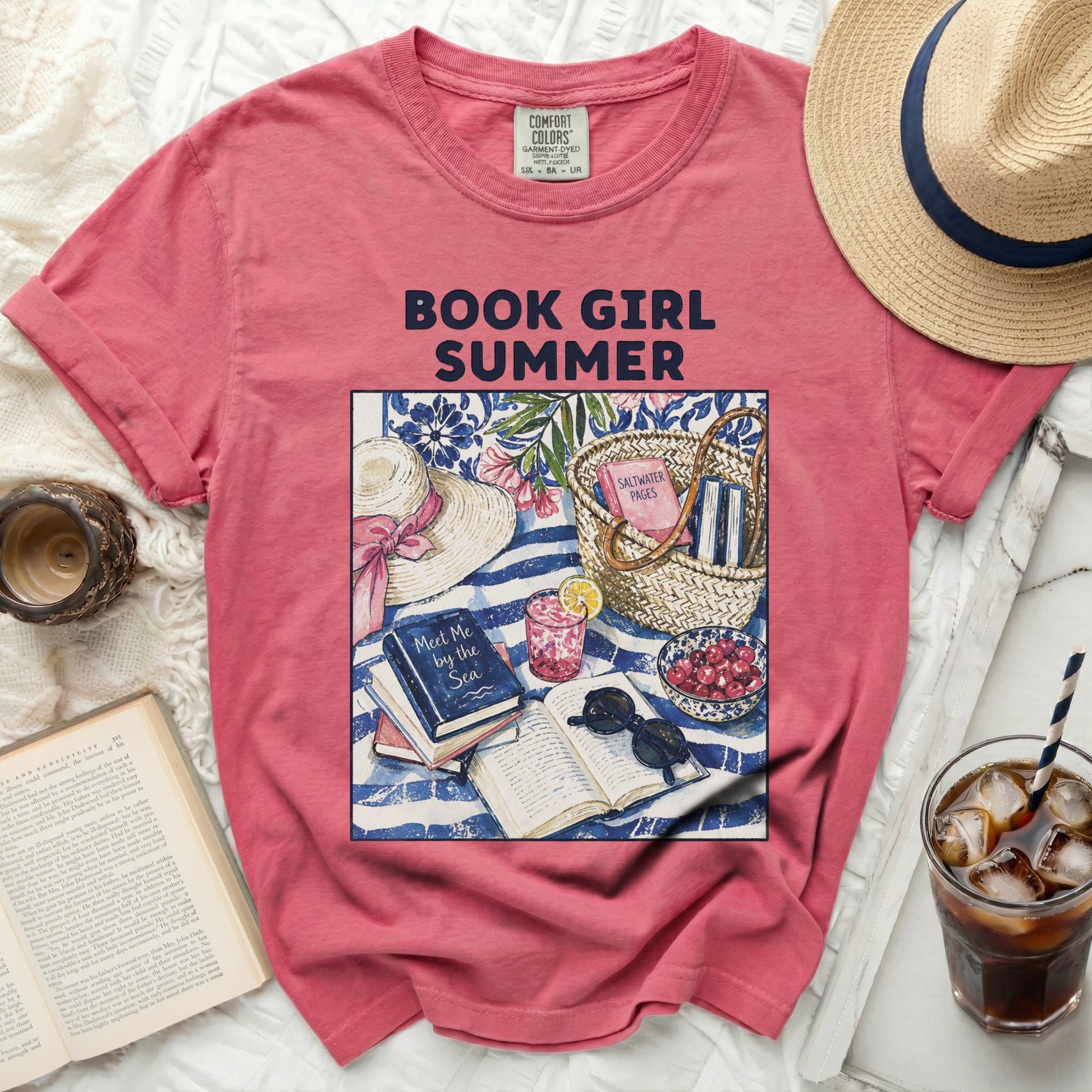 T-shirt with "Book Girl Summer" design featuring a beach scene.