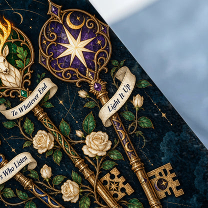 Ornate golden keys with celestial designs and floral accents on a dark, starry background.