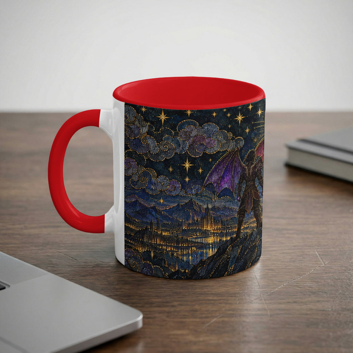 A white ceramic mug with a red interior and handle, featuring a fantasy landscape illustration.