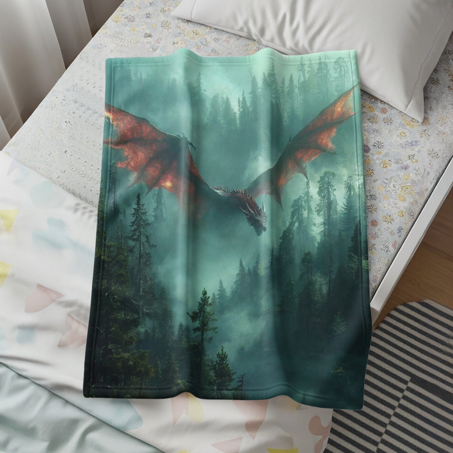 Dragon Flying Over Enchanted Forest Design Blanket