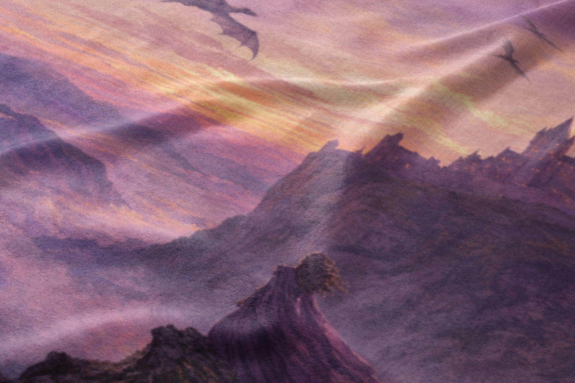 Dragons fly over a purple mountain range at sunset with a castle.
