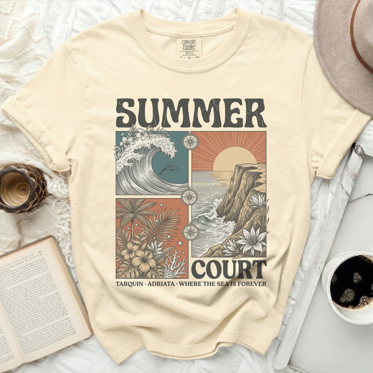 Cream t-shirt with "SUMMER COURT" graphic of waves, sun, and tropical plants.