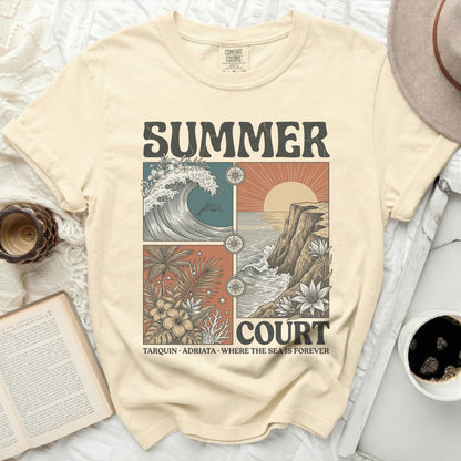 Cream t-shirt with "SUMMER COURT" graphic of waves, sun, and tropical plants.
