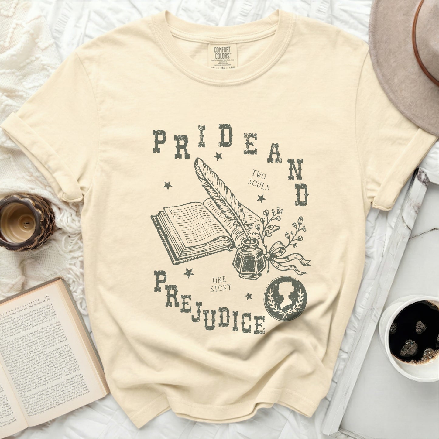 Comfort Colors t-shirt with Pride and Prejudice book and quill design.