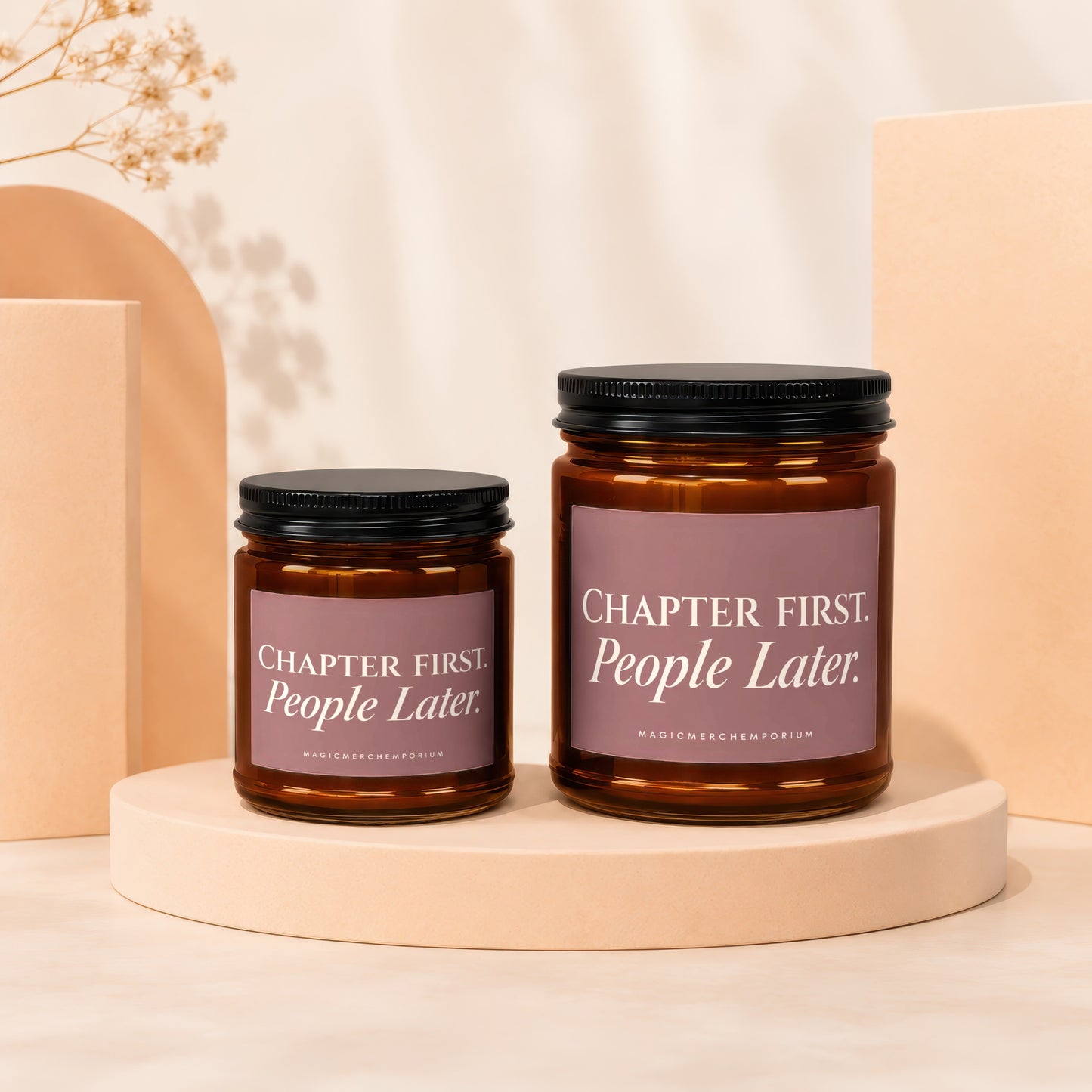 Two amber jars with black lids, labeled "CHAPTER FIRST. People Later."
