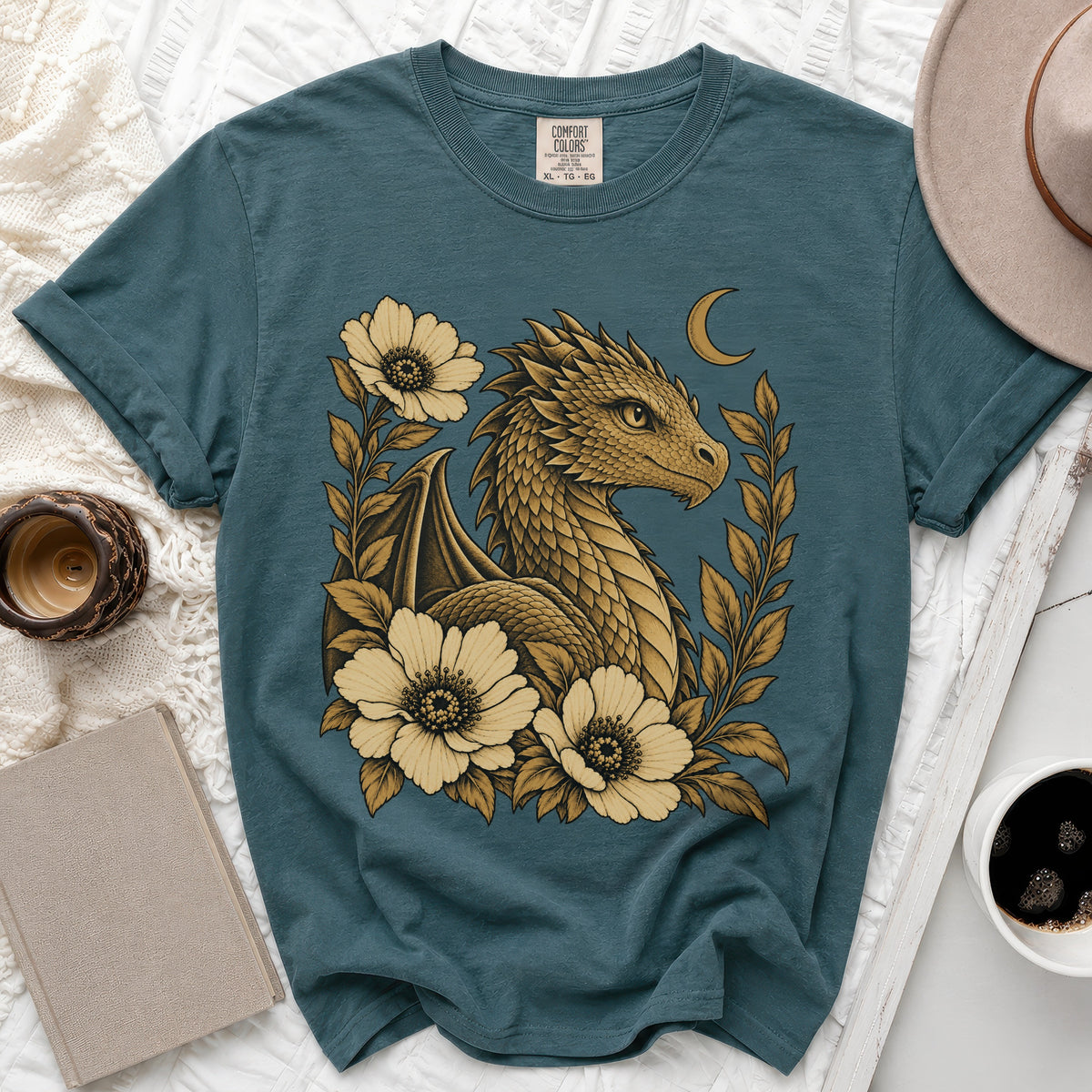 Teal t-shirt with dragon and floral design, Comfort Colors brand tag visible.