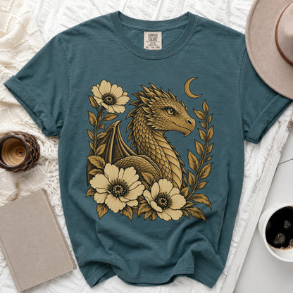 Teal t-shirt with dragon and floral design, Comfort Colors brand tag visible.