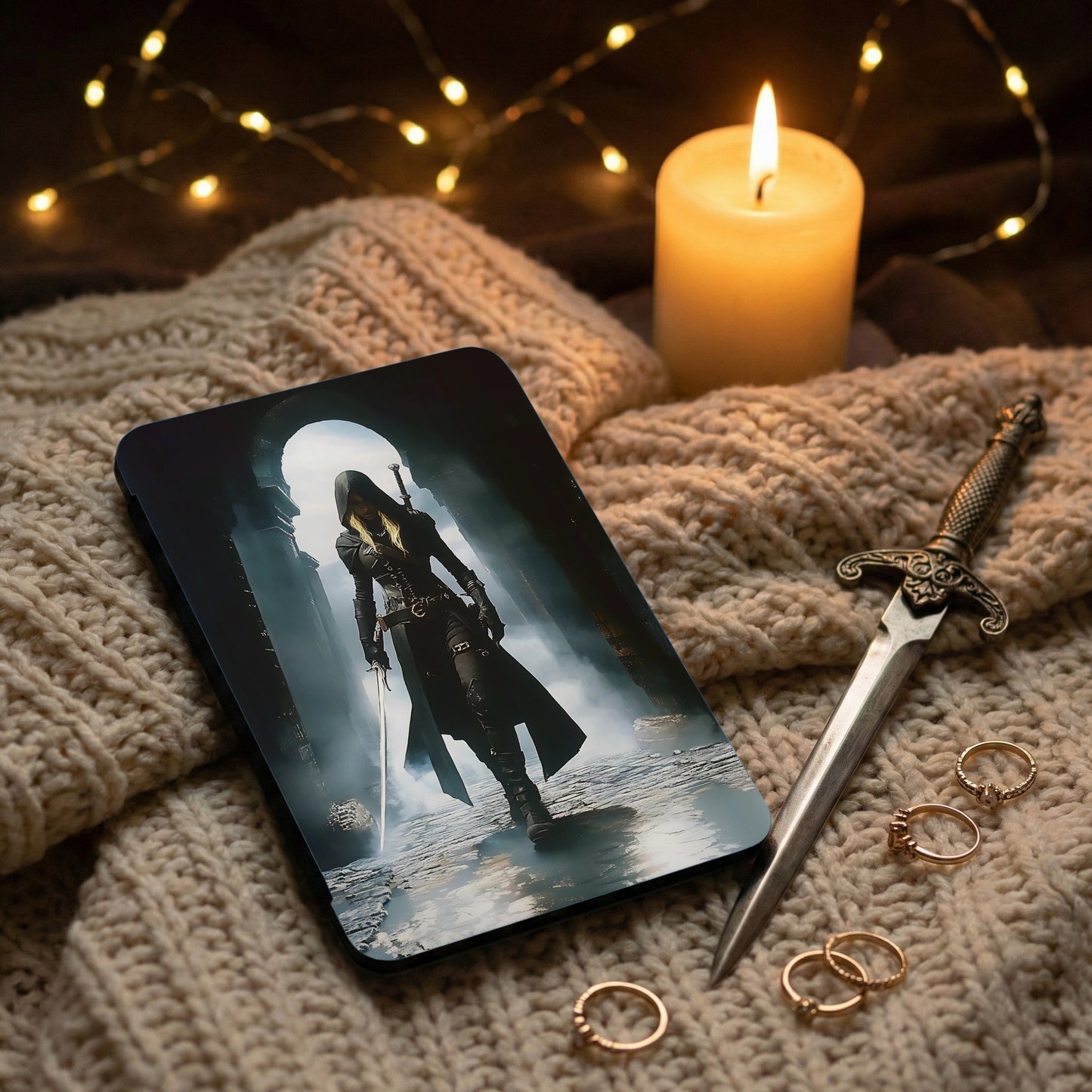Hooded warrior sword archway scene candle fairy lights rings dagger product type