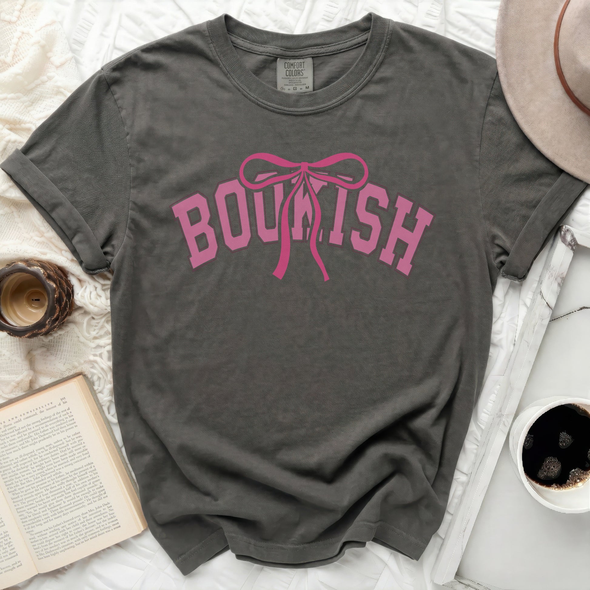 Gray t-shirt with "BOUNISH" in pink block letters and a pink bow graphic.