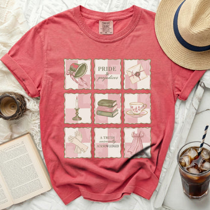 Coral t-shirt with "Pride & Prejudices" quote and themed illustrations in checkered boxes.