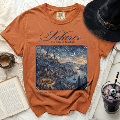 Orange t-shirt with "Velaris The City of Starlight" and detailed city illustration.