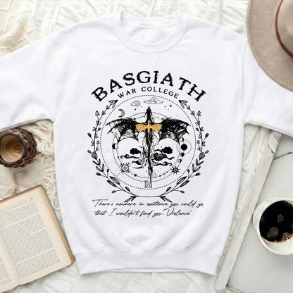 White sweatshirt with "Basgiath War College" and dragon graphic.