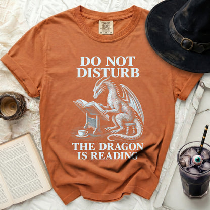 Orange t-shirt with a dragon reading a book and text "DO NOT DISTURB THE DRAGON IS READING".