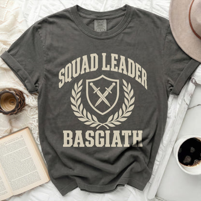 Grey t-shirt with "Squad Leader Basgiath" text and crossed swords emblem.