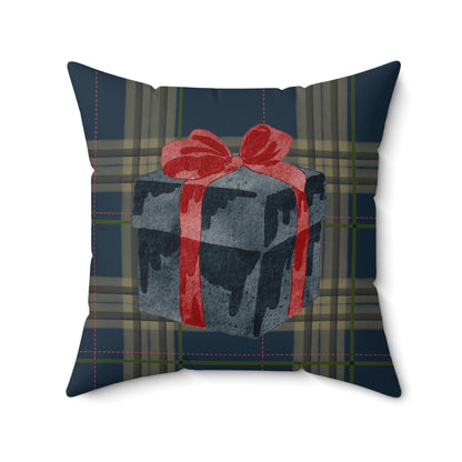 Festive Plaid Cushion with Red Bow Gift Box Design