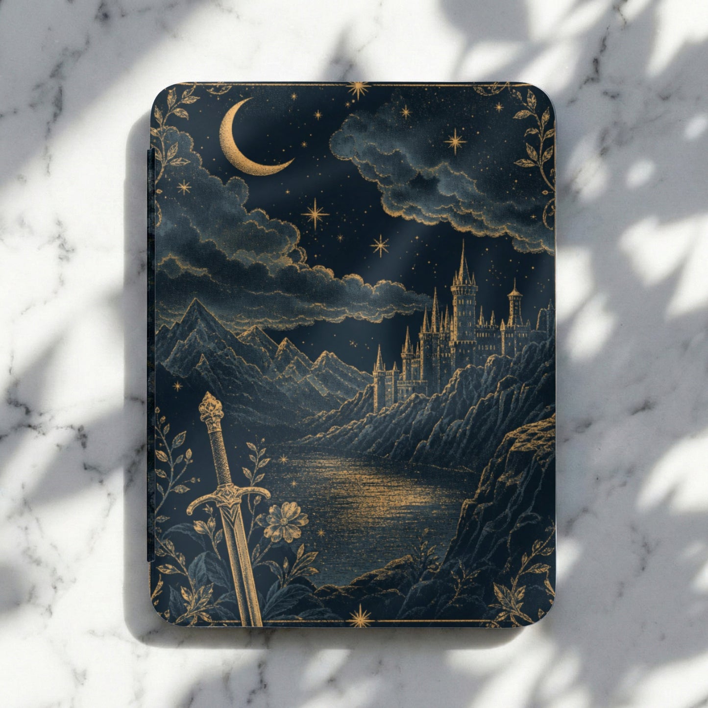 Fantasy scene with castle, sword, moon, and stars on a dark blue background.