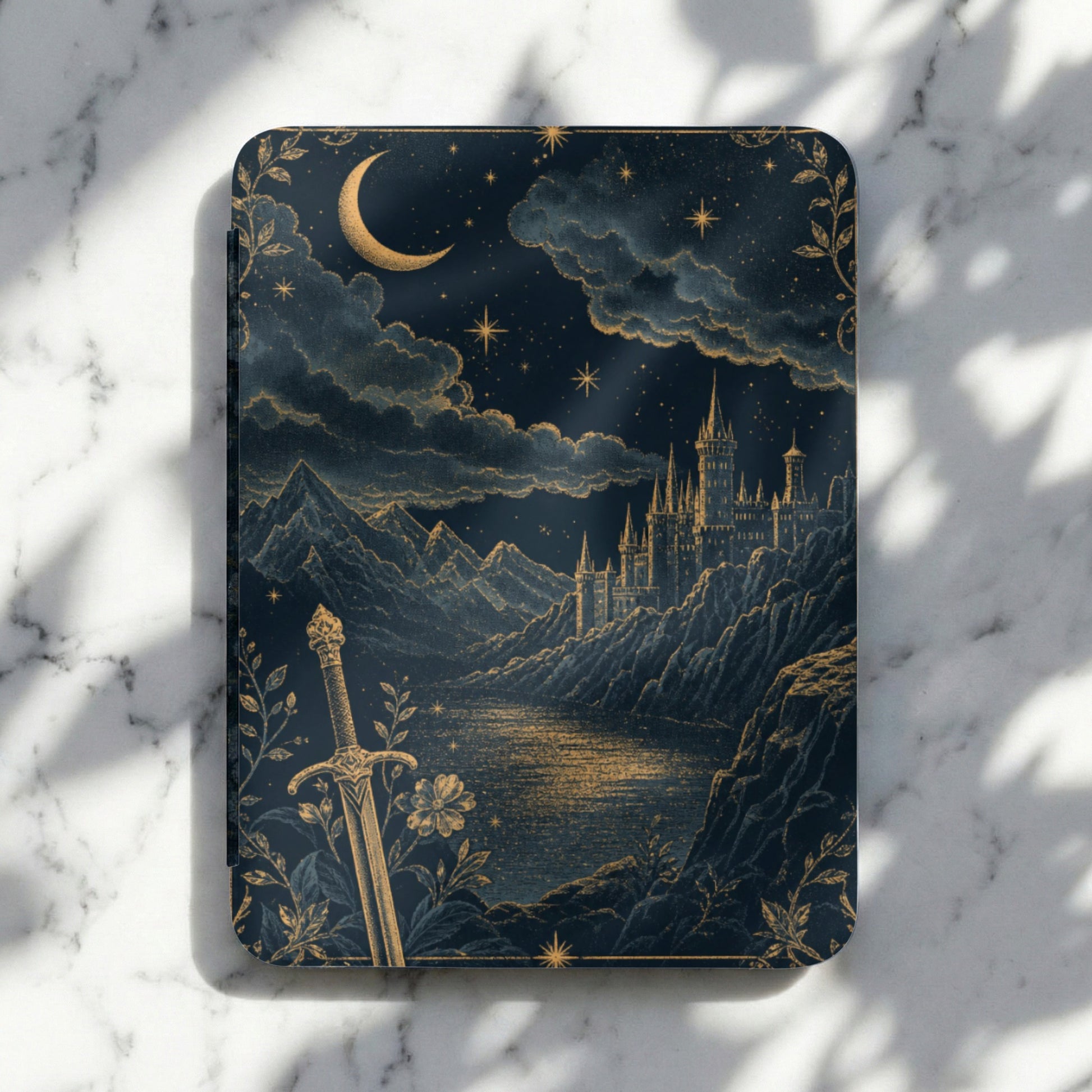 Fantasy scene with castle, sword, moon, and stars on a dark blue background.