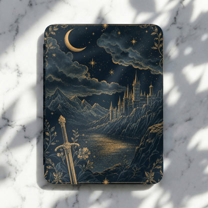 Fantasy scene with castle, sword, moon, and stars on a dark blue background.
