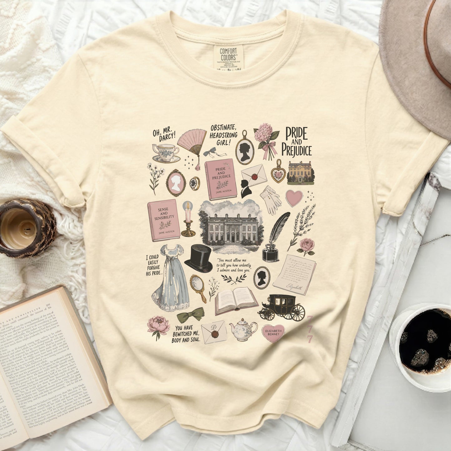 Cream t-shirt with "Pride and Prejudice" illustration featuring books, quotes, and characters.