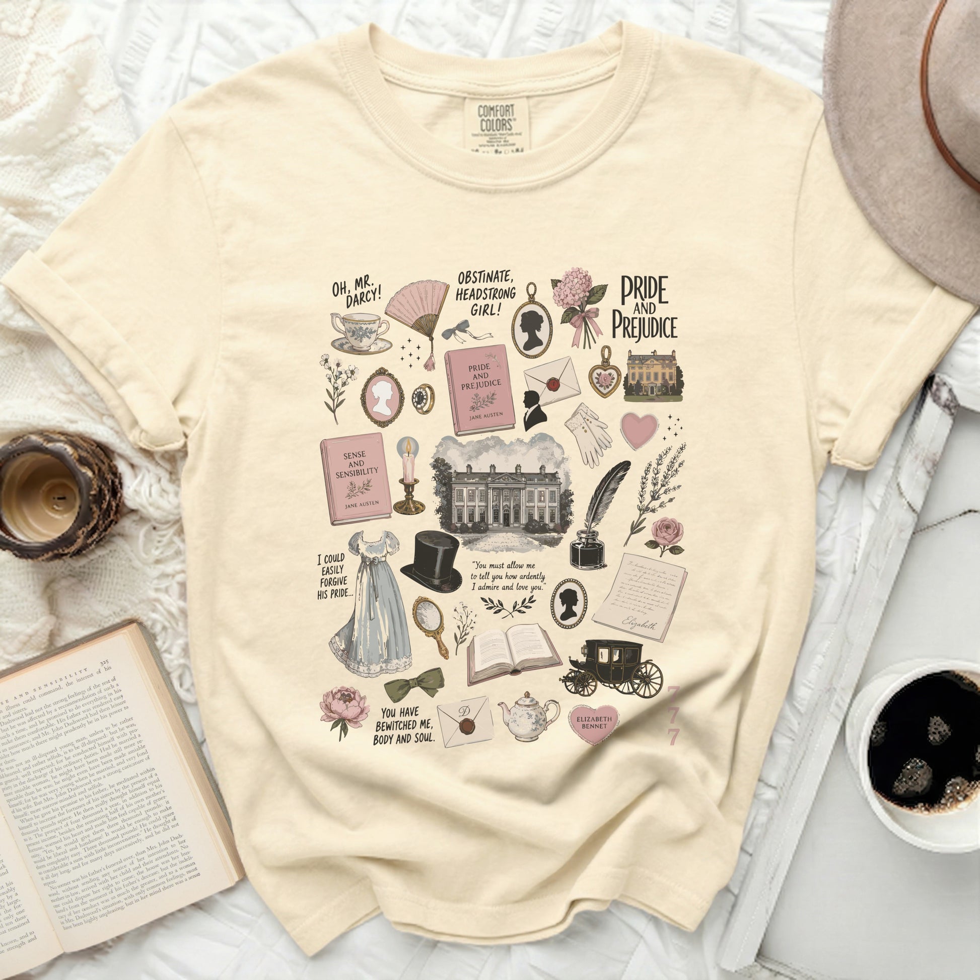 Cream t-shirt with "Pride and Prejudice" illustration featuring books, quotes, and characters.