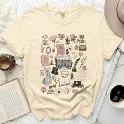 Cream t-shirt with "Pride and Prejudice" illustration featuring books, quotes, and characters.