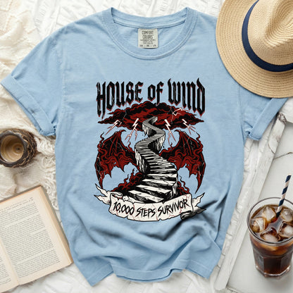 Light blue t-shirt with "House of Wind" and "10,000 Steps Survivor" graphics.
