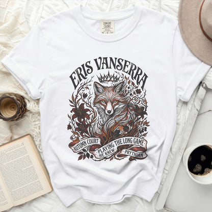 White t-shirt with a fox and foliage graphic and text "Eris Vanserra".