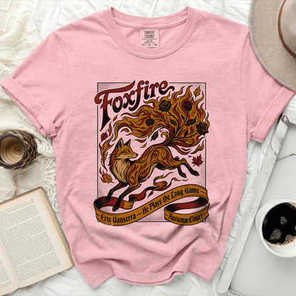 Pink Comfort Colors shirt with "Foxfire" design of a fiery fox, roses, and text.
