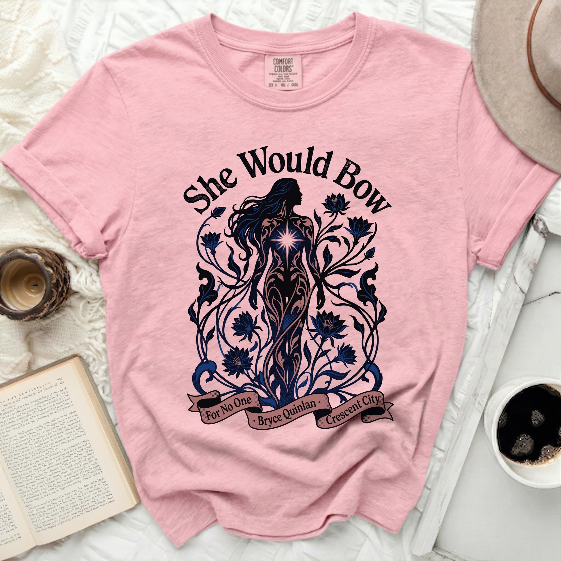 Pink t-shirt with "She Would Bow For No One Bryce Quinlan Crescent City" graphic.