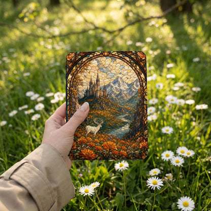 Stained glass art depicts a stag in a field with a castle and mountains.