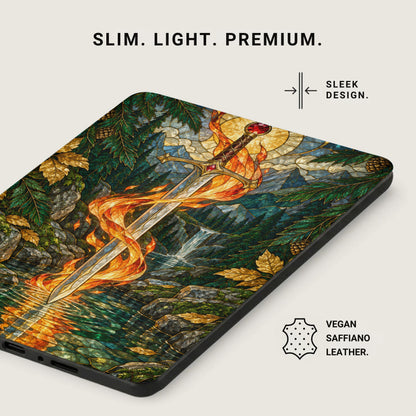 Tablet case with a stained glass design featuring a sword engulfed in flames.