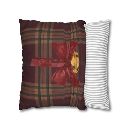 Decorative Throw Pillow with Plaid Design and Red Bow