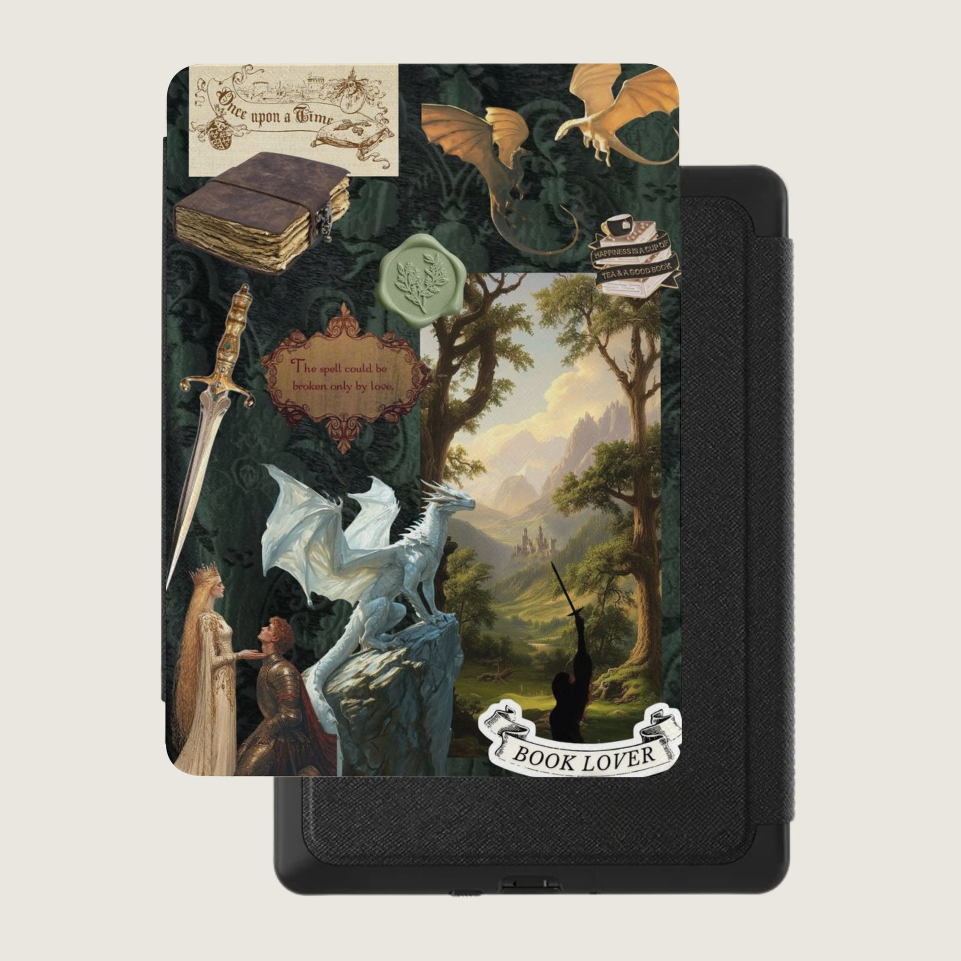 Fantasy collage with dragons, a white dragon, a sword, and a "Book Lover" banner.