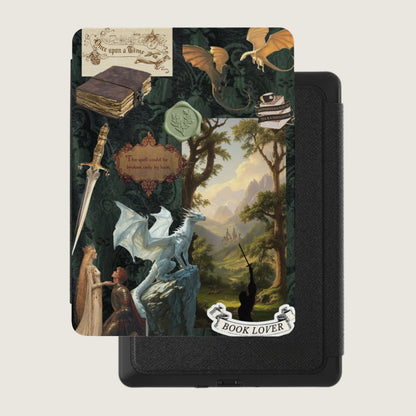 Fantasy collage with dragons, a white dragon, a sword, and a "Book Lover" banner.