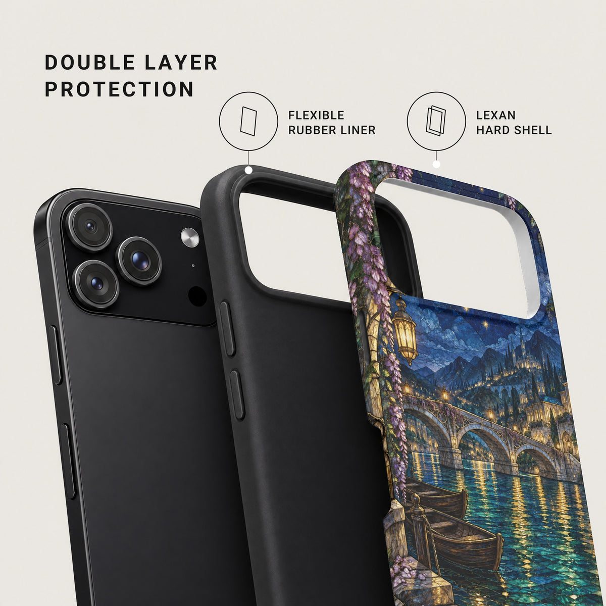 Diagram showing double layer phone case construction with flexible rubber liner and Lexan hard shell.