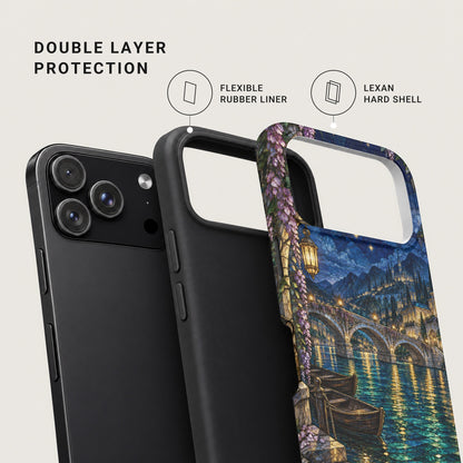 Diagram showing double layer phone case construction with flexible rubber liner and Lexan hard shell.