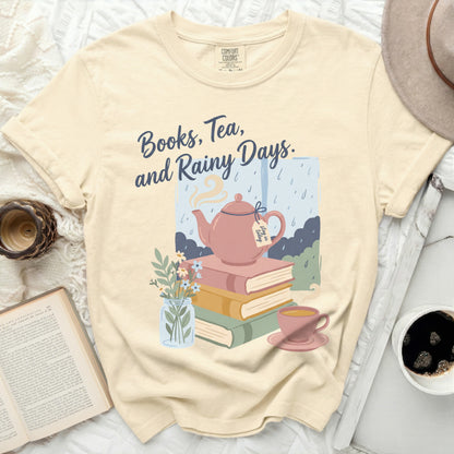 Cream t-shirt with "Books, Tea, and Rainy Days" text and illustration.