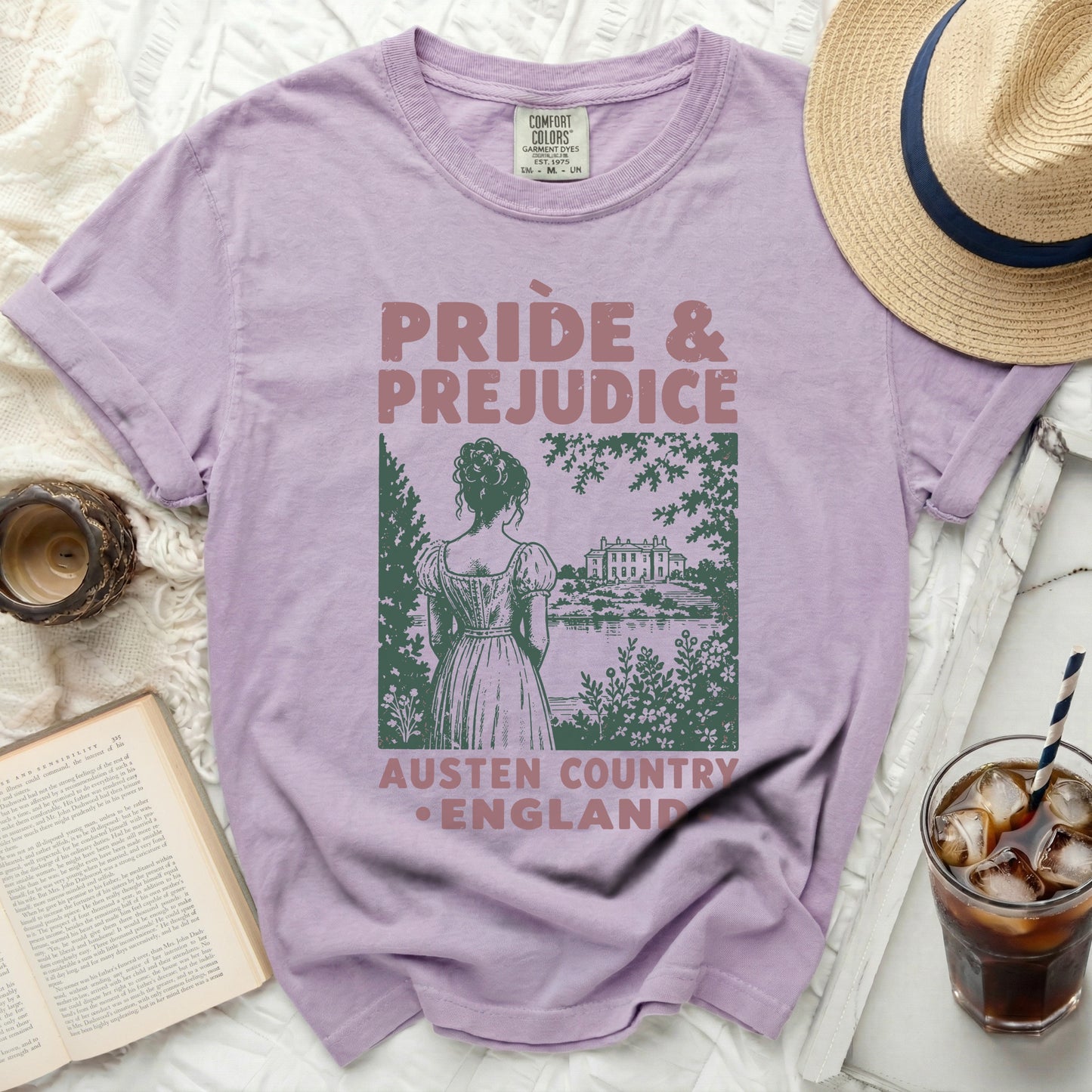 Purple Comfort Colors t-shirt with Pride & Prejudice book cover graphic.