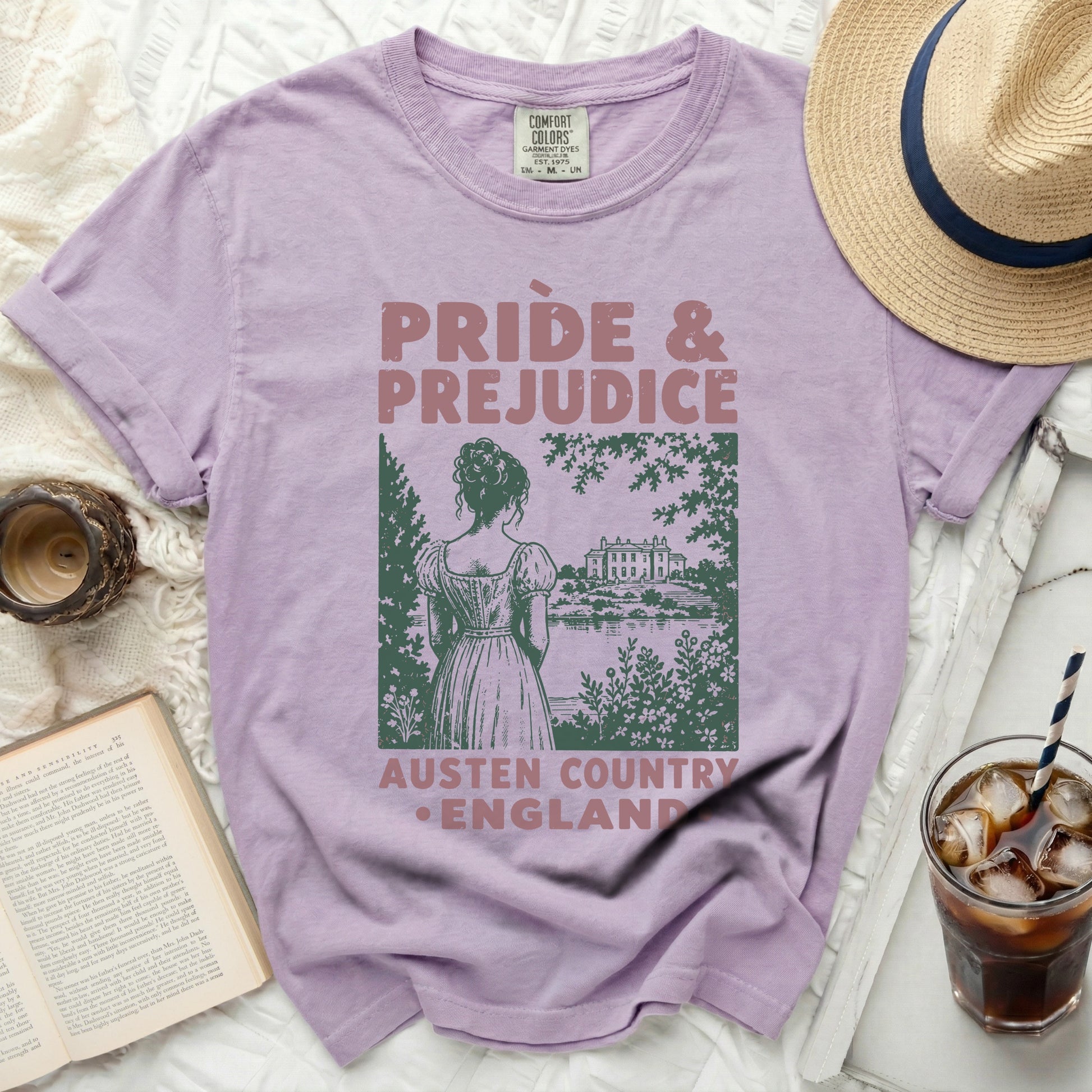 Purple Comfort Colors t-shirt with Pride & Prejudice book cover graphic.